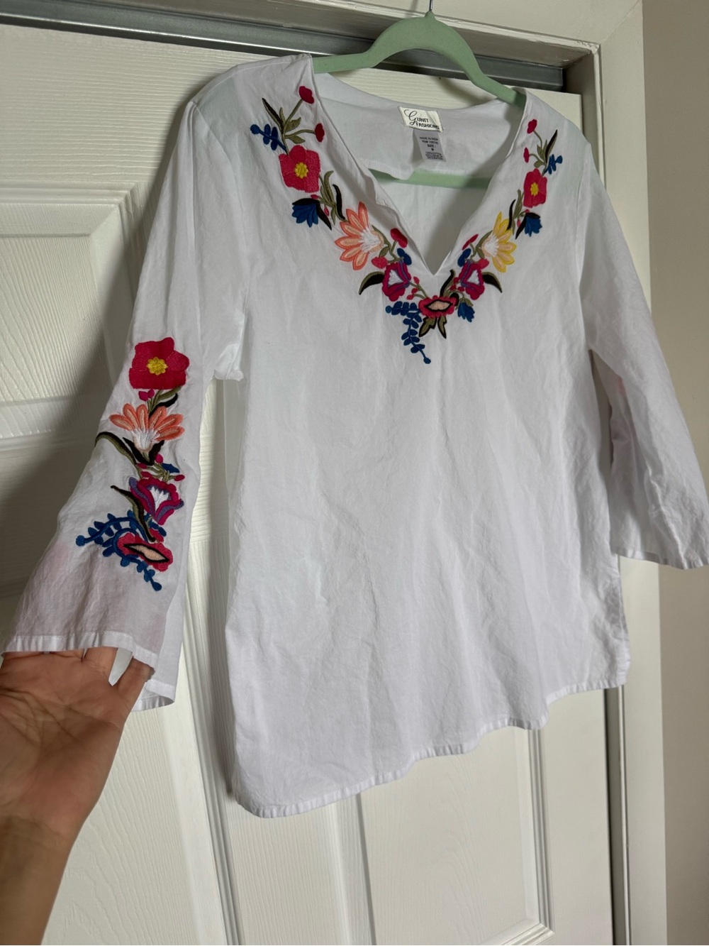 G Unit Fashions White Floral Embroidered Cotton Tunic Blouse Size M
